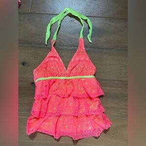 Justice Neon Pink and Yellow Lace Halter Top